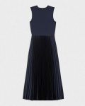 Pleated Combo Dress In Textured Satin Dresses Women Nocturne Navy Theory - 5