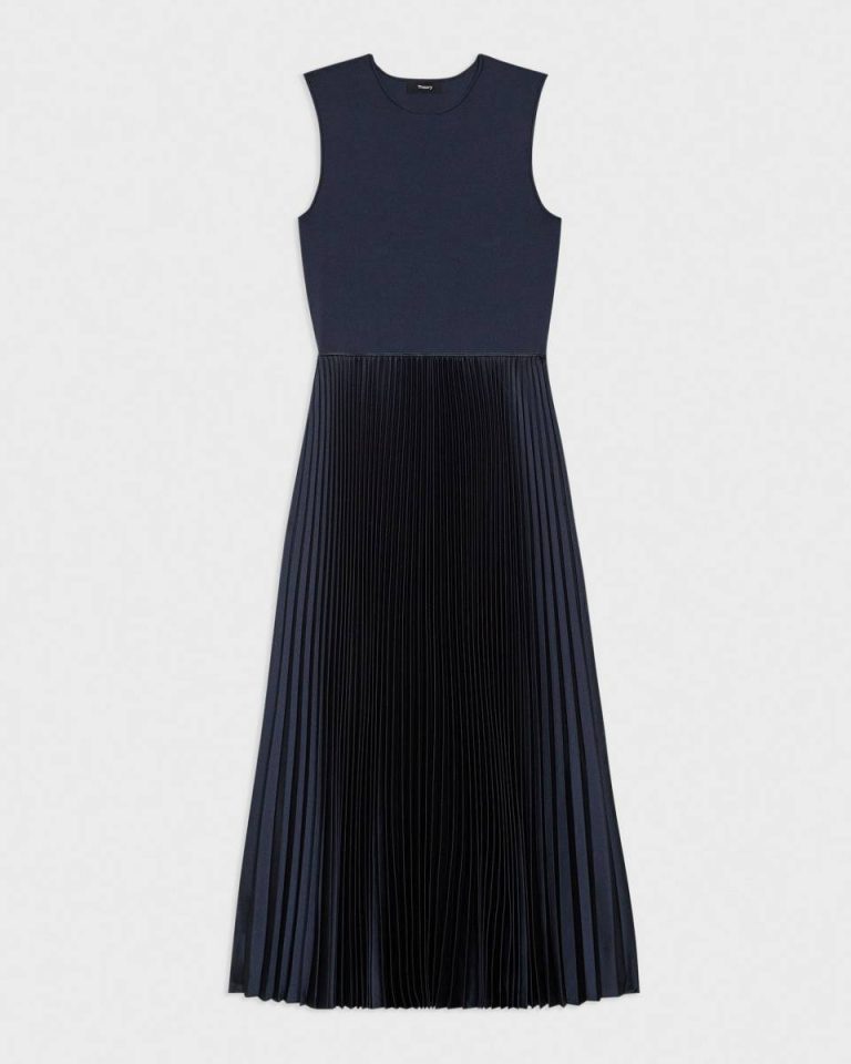 Pleated Combo Dress In Textured Satin Dresses Women Nocturne Navy Theory - 5