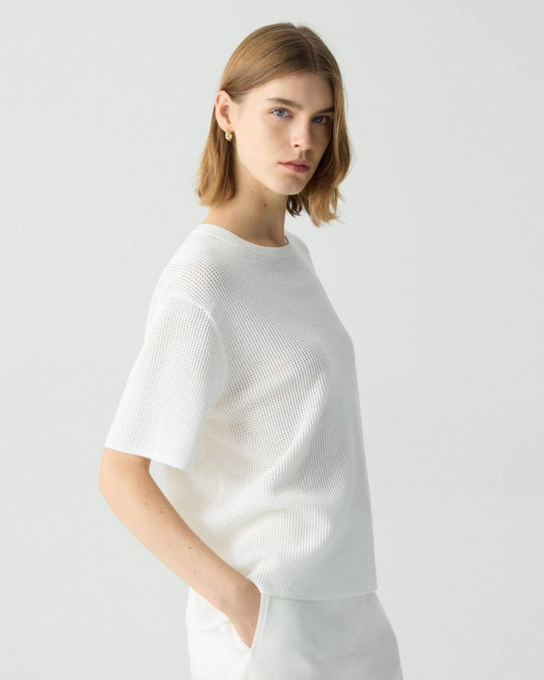 Pointelle Tee In Crepe Knit Women Theory Sweaters + Cardigans White - 2