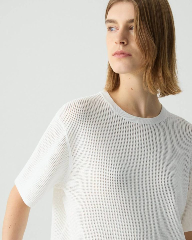 Pointelle Tee In Crepe Knit Women Theory Sweaters + Cardigans White - 4