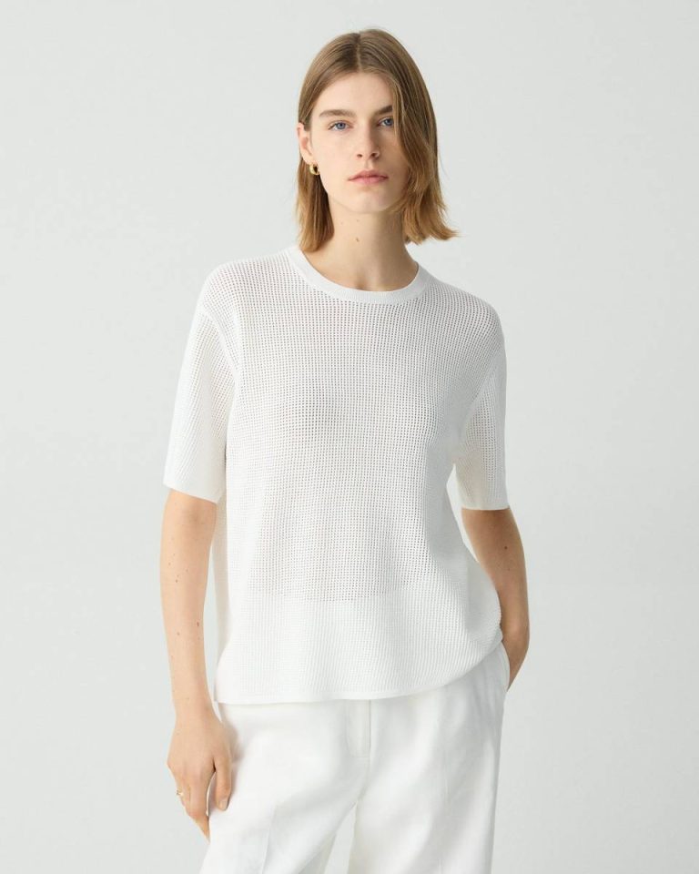 Pointelle Tee In Crepe Knit Women Theory Sweaters + Cardigans White - 1