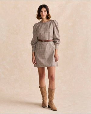 Polín Et Moi Dresses Coral Check Print Dress Women Camel - 1