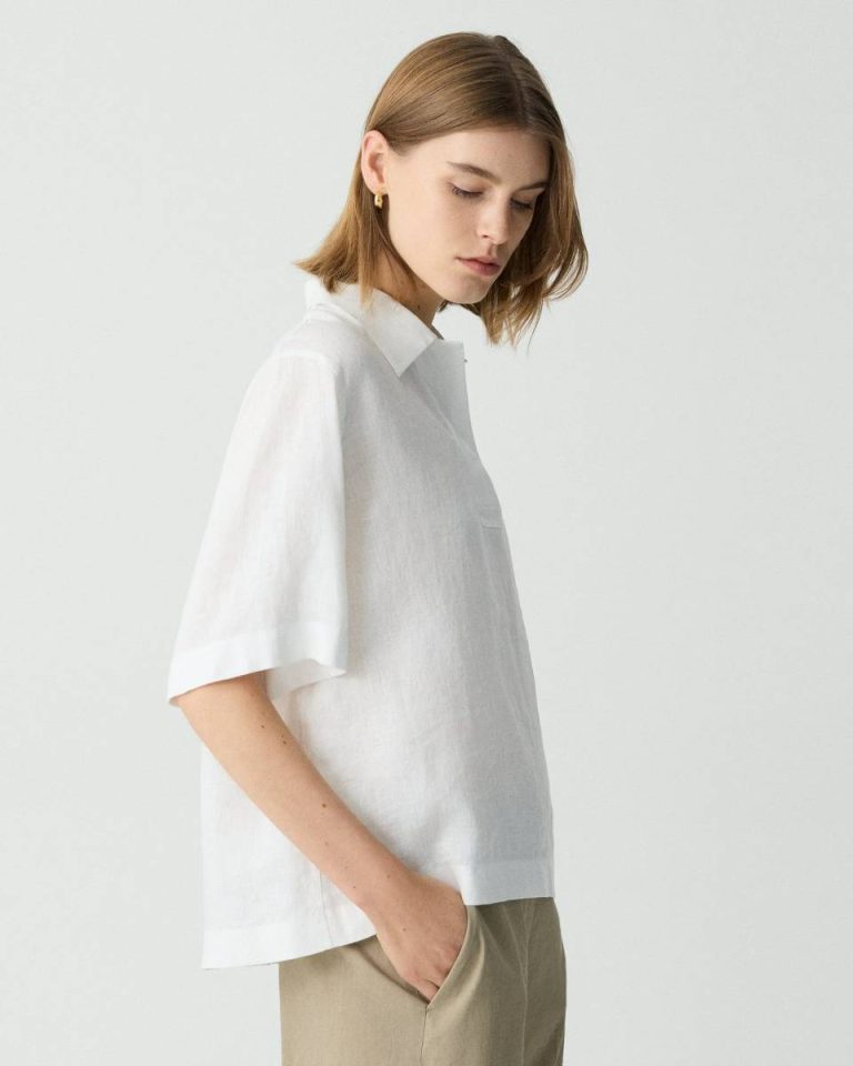 Polo Shirt In Relaxed Linen Theory Women Tops White - 2