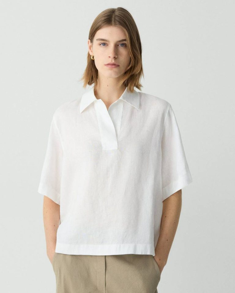 Polo Shirt In Relaxed Linen Theory Women Tops White - 1