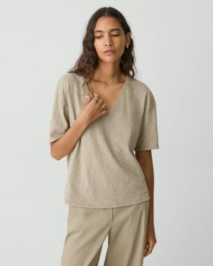 Relaxed V-Neck Tee In Slub Cotton Women Loungewear Soft Taupe Theory - 1