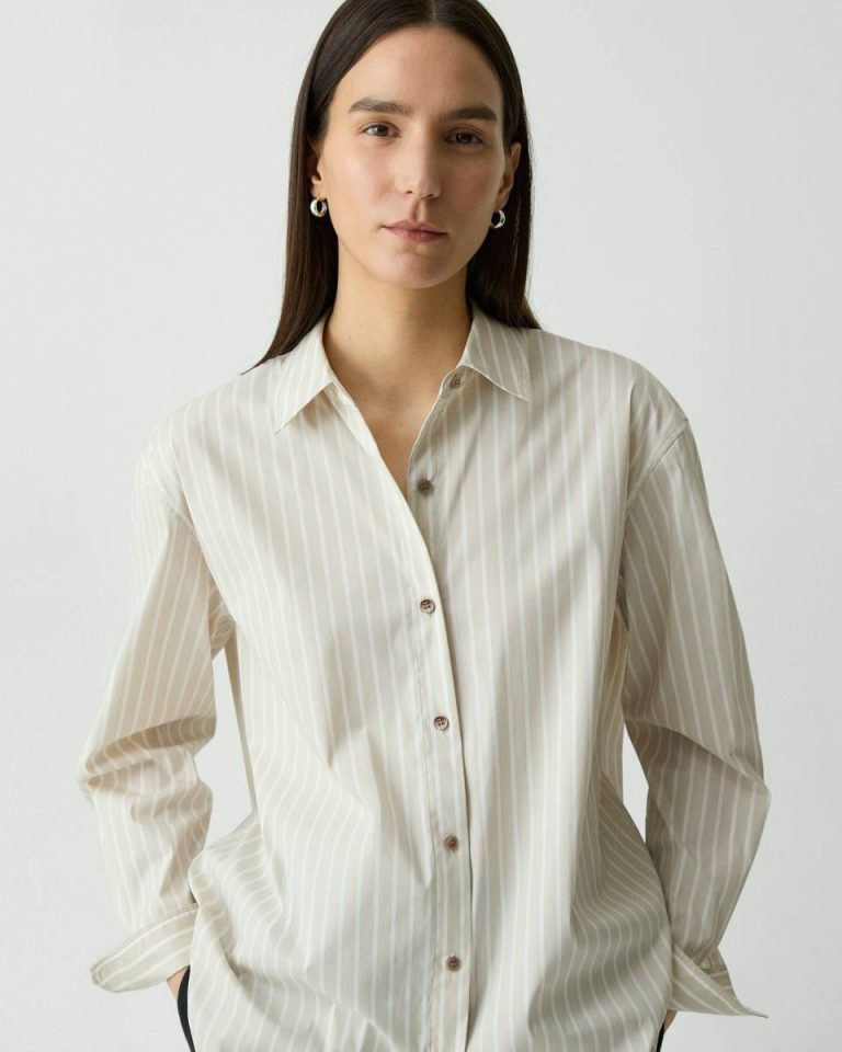 Sand Multi Theory Women Tops Boyfriend Shirt In Striped Cotton-Blend - 4