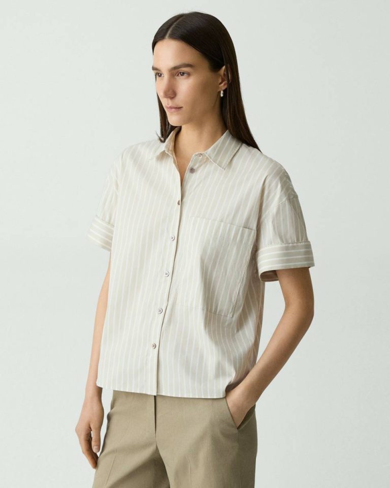Sand Multi Women Theory Tops Cuffed Shirt In Striped Cotton-Blend - 2