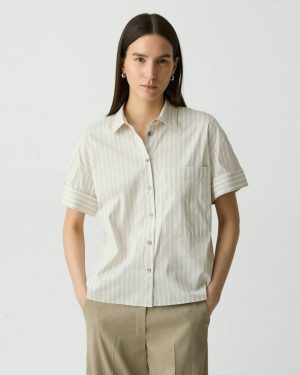 Sand Multi Women Theory Tops Cuffed Shirt In Striped Cotton-Blend - 1