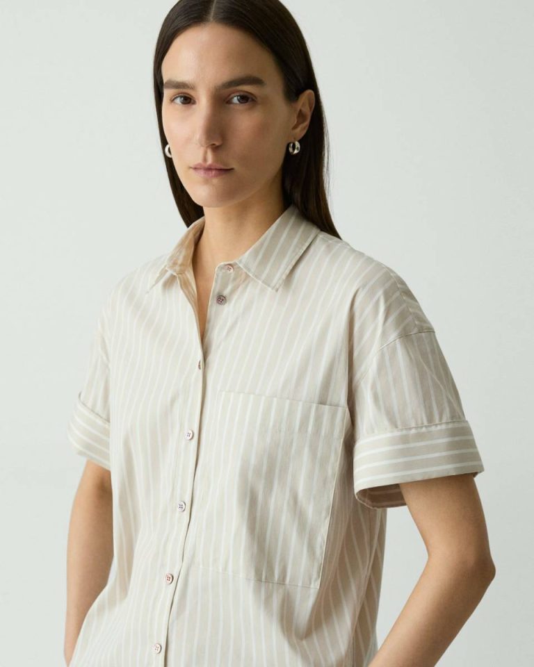 Sand Multi Women Theory Tops Cuffed Shirt In Striped Cotton-Blend - 4