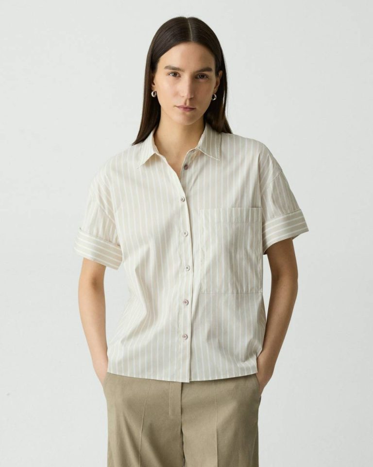 Sand Multi Women Theory Tops Cuffed Shirt In Striped Cotton-Blend - 1