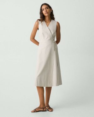 Sleeveless A-Line Wrap Dress In Striped Canvas Sand Multi Dresses Women Theory - 1