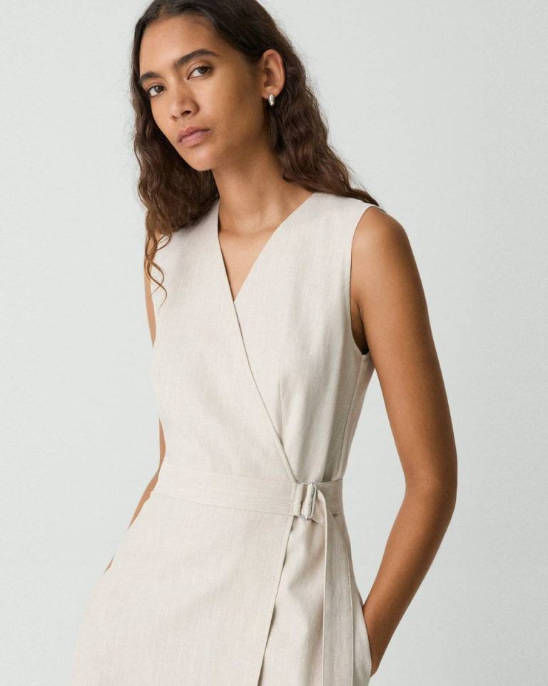 Sleeveless A-Line Wrap Dress In Striped Canvas Sand Multi Dresses Women Theory - 4