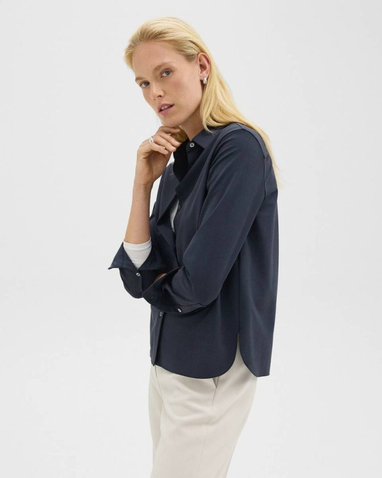 Straight Shirt In Good Wool Theory Women Tops Nocturne Navy - 2