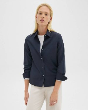 Straight Shirt In Good Wool Theory Women Tops Nocturne Navy - 1
