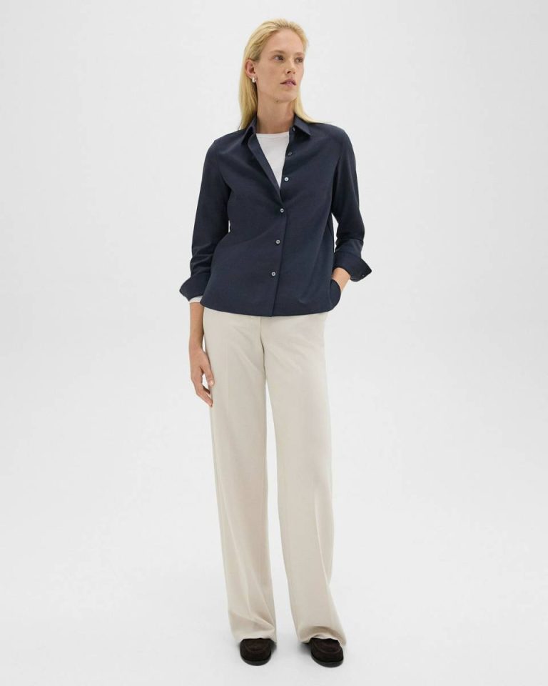 Straight Shirt In Good Wool Theory Women Tops Nocturne Navy - 5