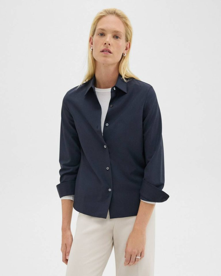 Straight Shirt In Good Wool Theory Women Tops Nocturne Navy - 1