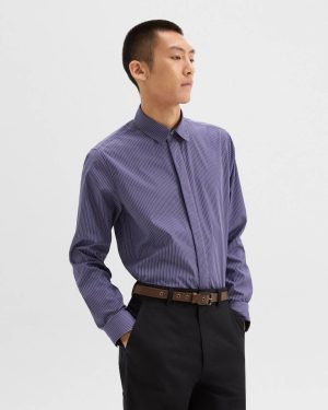 Straight Shirt In Striped Cotton-Blend Theory Marina/Light Grey Multi Men Shirts - 1