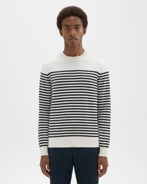 Striped Crewneck Sweater In Merino Wool Men Theory Sweaters + Cardigans White Multi - 1