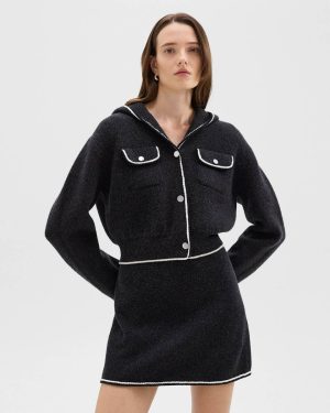 Sweaters + Cardigans Black Multi Women Hooded Cardigan Jacket In Felted Wool-Cashmere Theory - 1