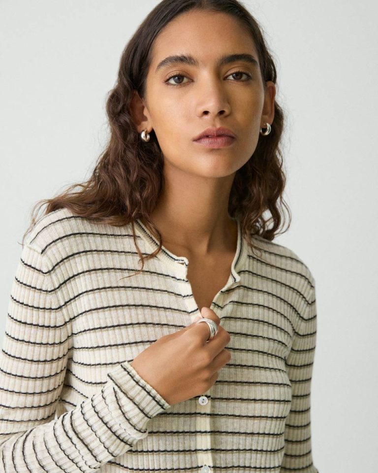 Sweaters + Cardigans Cropped Cardigan In Linen-Blend Theory Light Parchment Multi Women - 4