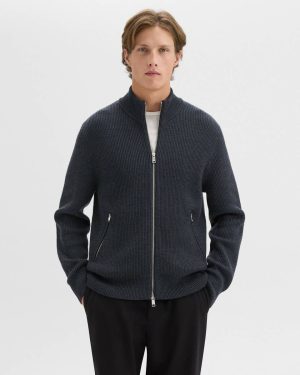 Sweaters + Cardigans Men Theory Ribbed Zip-Up Cardigan In Merino Wool Dark Grey Heather - 1