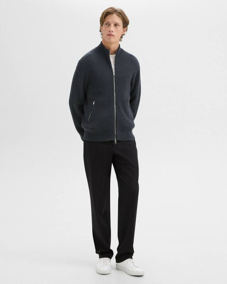 Sweaters + Cardigans Men Theory Ribbed Zip-Up Cardigan In Merino Wool Dark Grey Heather - 5
