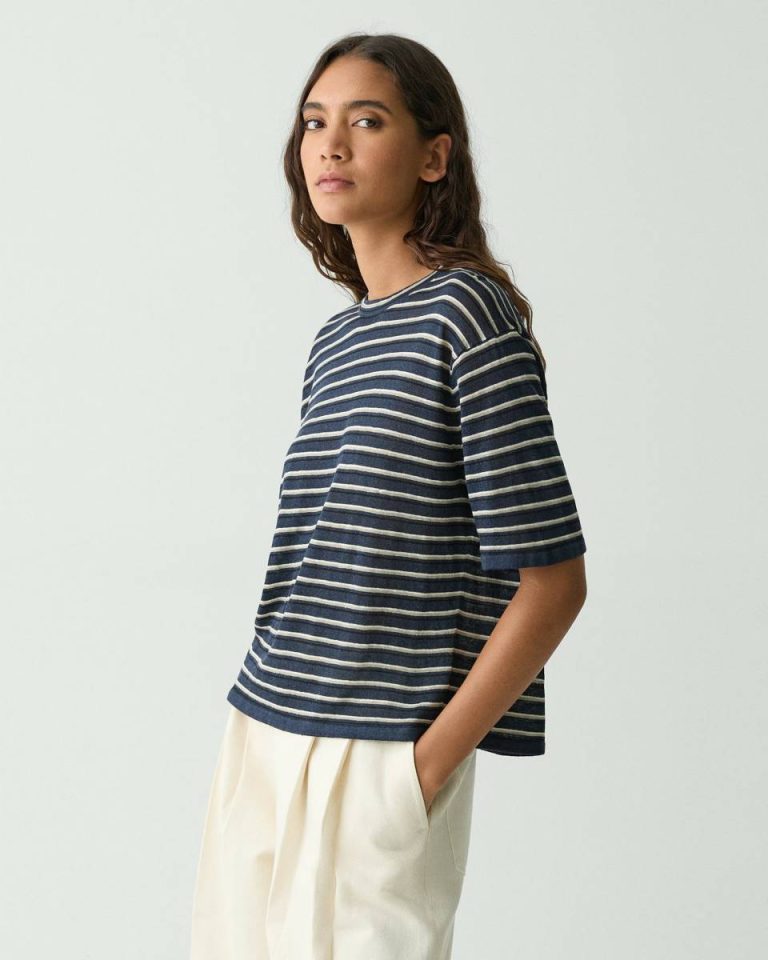 Sweaters + Cardigans Nocturne Navy Multi Theory Women Boyfriend Tee In Linen-Blend - 2