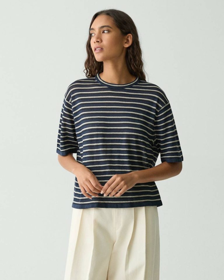 Sweaters + Cardigans Nocturne Navy Multi Theory Women Boyfriend Tee In Linen-Blend - 1