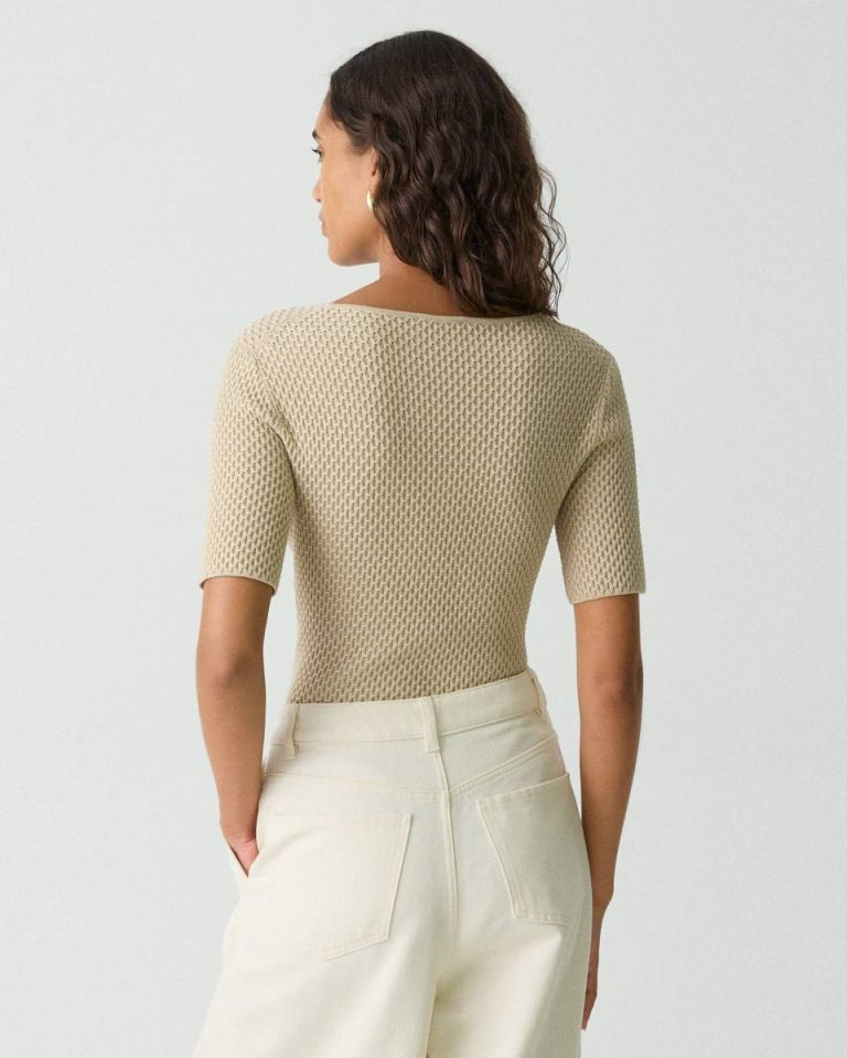 Sweaters + Cardigans Women Scoop Neck Top In Textured Cotton-Blend Theory Warm Sand - 3