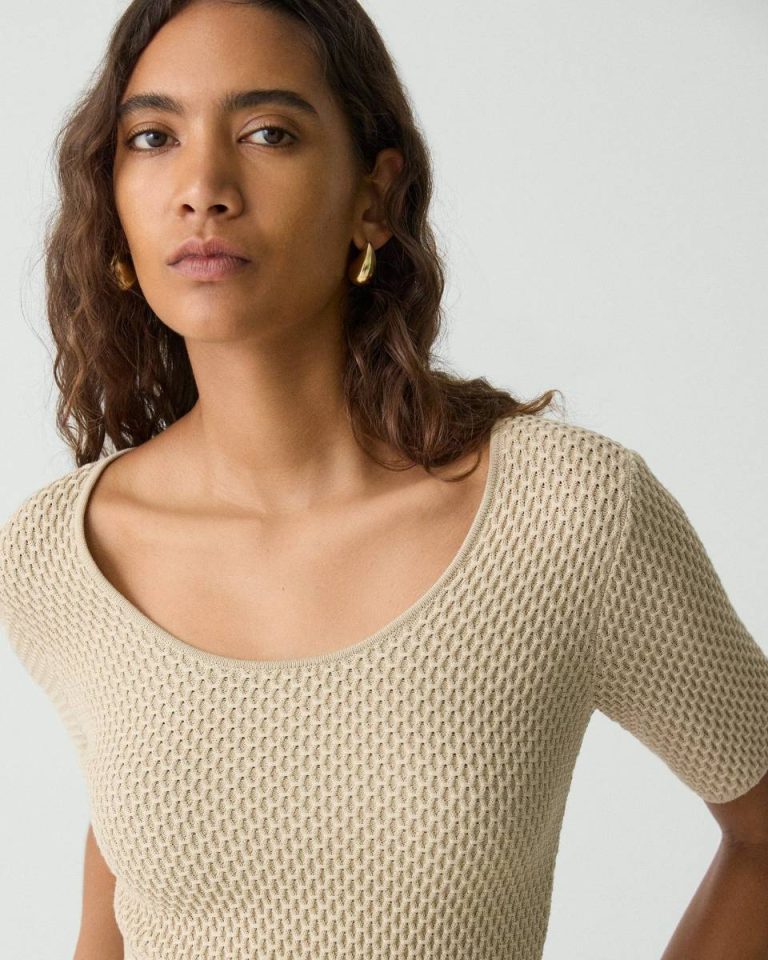 Sweaters + Cardigans Women Scoop Neck Top In Textured Cotton-Blend Theory Warm Sand - 4