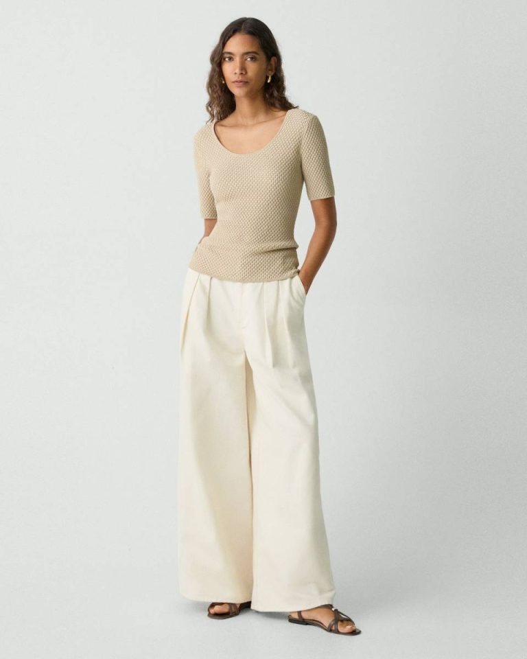 Sweaters + Cardigans Women Scoop Neck Top In Textured Cotton-Blend Theory Warm Sand - 5