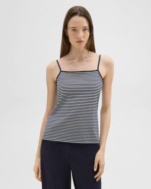 T-Shirts + Tank Tops Women Navy/White Theory Square Neck Tank In Striped Pima Cotton - 1
