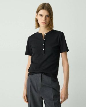 Theory Black T-Shirts + Tank Tops Ribbed Henley Top In Compact Stretch Knit Women - 1