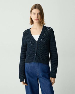 Theory Cable-Knit Cardigan In Rounded Cotton Navy Sweaters + Cardigans Women - 1