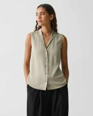 Theory Camp Collar Blouse In Silk Georgette Tops Soft Taupe Women - 1