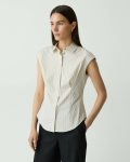 Theory Cinched Cap-Sleeve Shirt In Striped Cotton-Blend Sand Multi Tops Women - 2