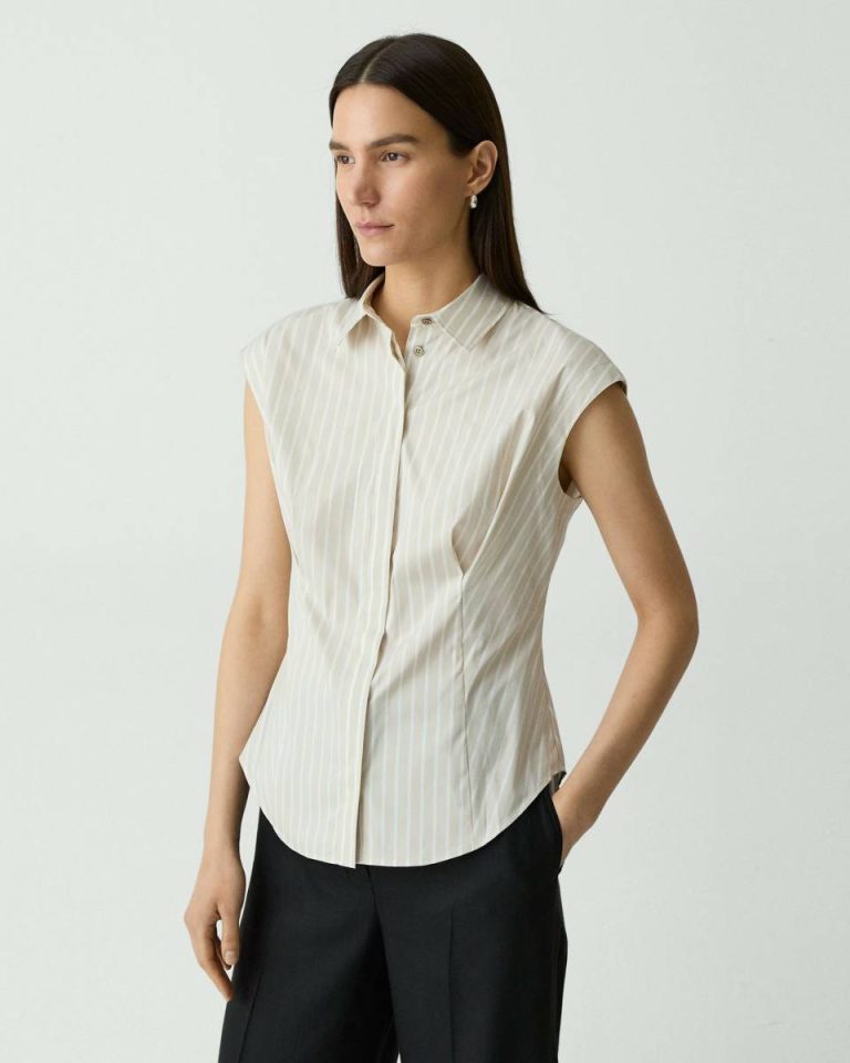 Theory Cinched Cap-Sleeve Shirt In Striped Cotton-Blend Sand Multi Tops Women - 2