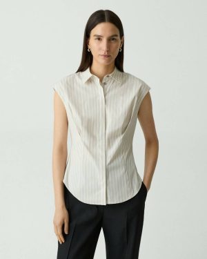 Theory Cinched Cap-Sleeve Shirt In Striped Cotton-Blend Sand Multi Tops Women - 1