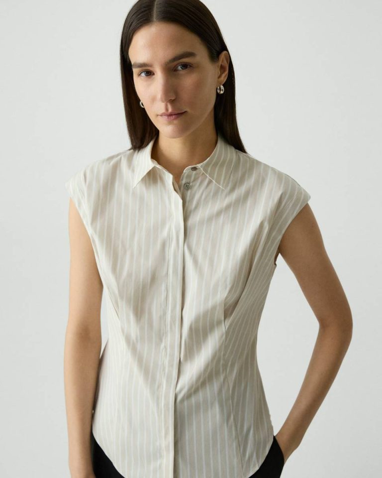 Theory Cinched Cap-Sleeve Shirt In Striped Cotton-Blend Sand Multi Tops Women - 4