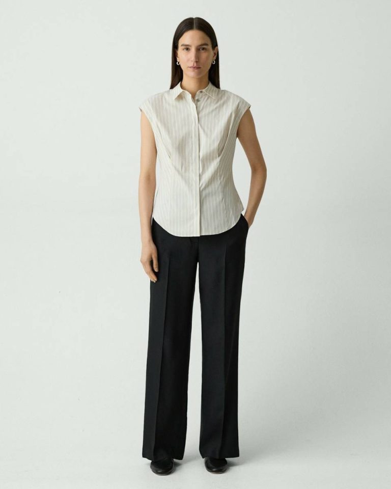 Theory Cinched Cap-Sleeve Shirt In Striped Cotton-Blend Sand Multi Tops Women - 5