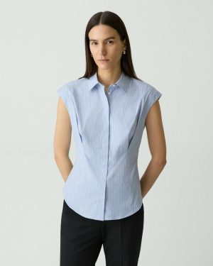 Theory Cinched Cap-Sleeve Shirt In Striped Cotton-Blend Tops Women Blue Multi - 1