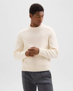 Theory Men Winter White Crewneck Sweater In Wool-Cashmere Sweaters + Cardigans - 1