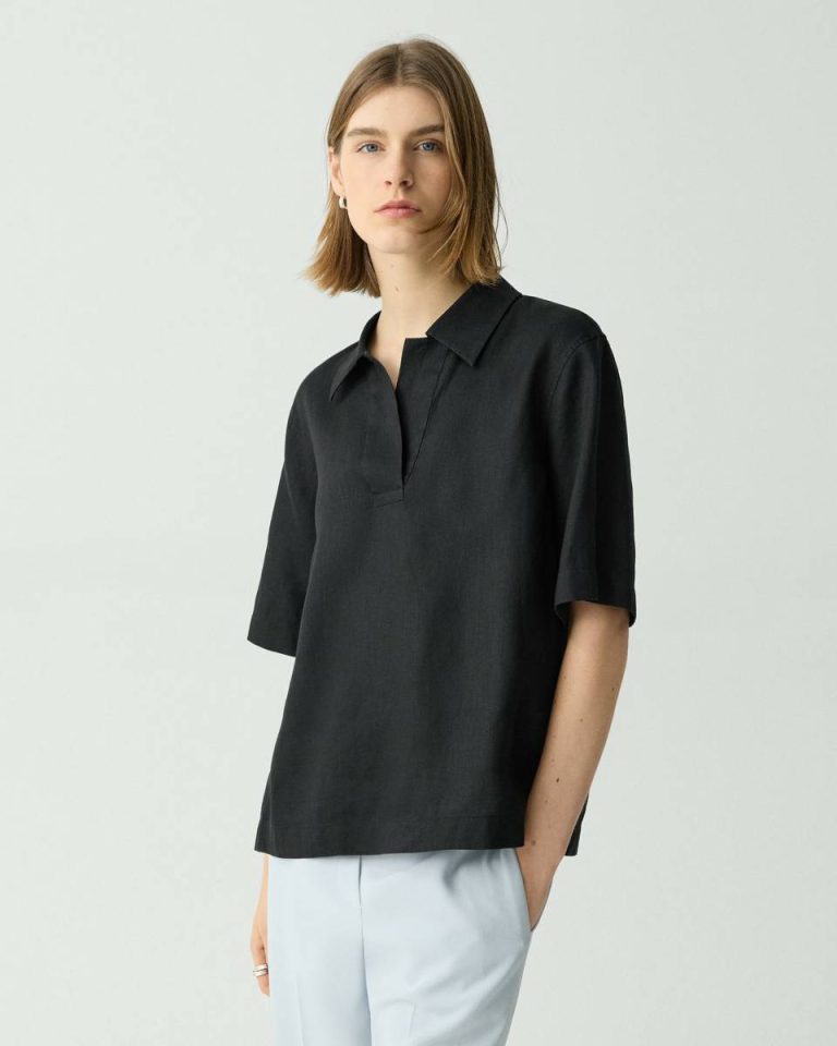 Theory Polo Shirt In Relaxed Linen Women Black Tops - 2