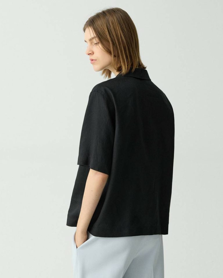 Theory Polo Shirt In Relaxed Linen Women Black Tops - 3