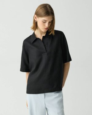 Theory Polo Shirt In Relaxed Linen Women Black Tops - 1