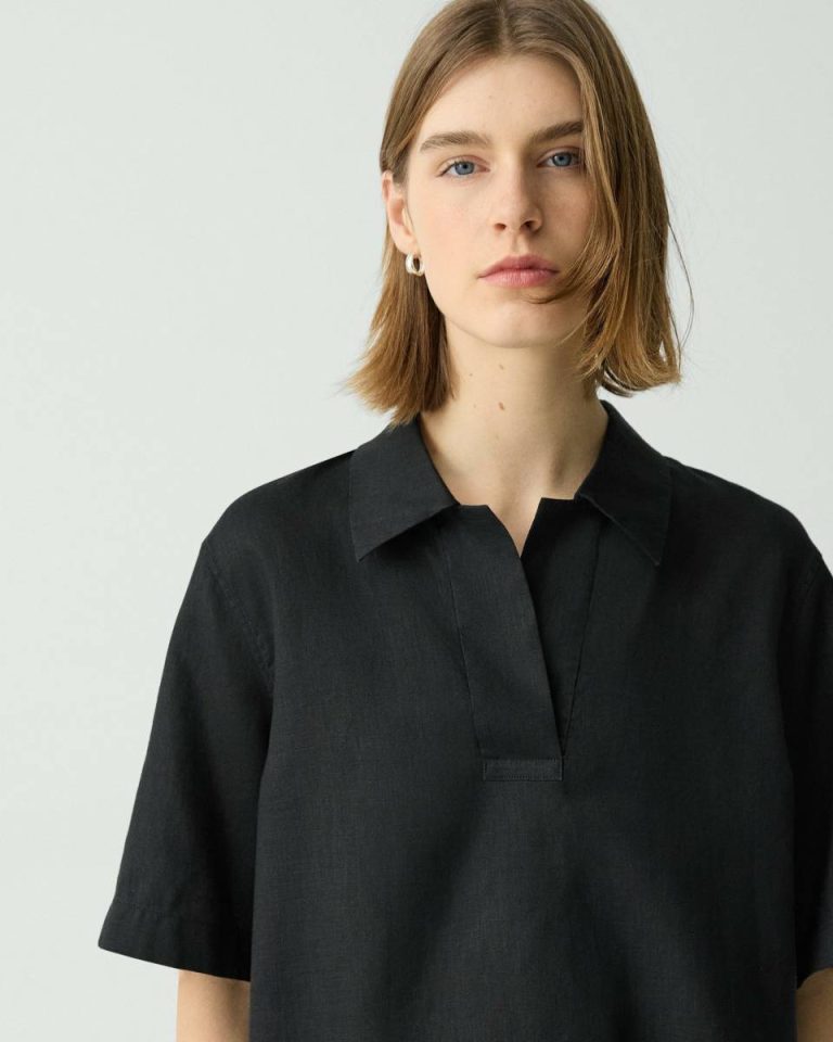 Theory Polo Shirt In Relaxed Linen Women Black Tops - 4