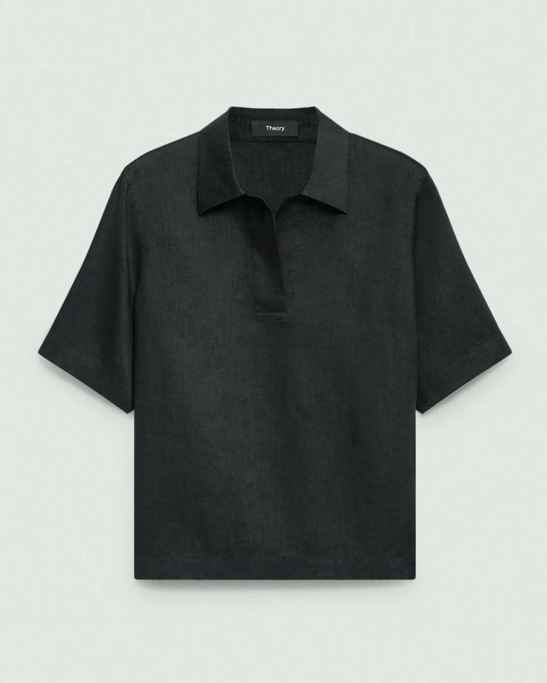 Theory Polo Shirt In Relaxed Linen Women Black Tops - 5