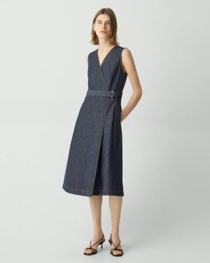 Theory Sleeveless A-Line Wrap Dress In Denim Indigo Dresses Women - 1