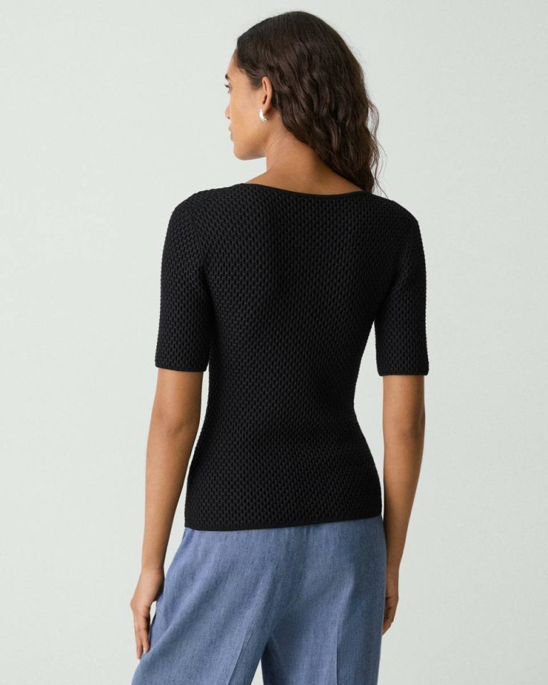 Theory Sweaters + Cardigans Black Scoop Neck Top In Textured Cotton-Blend Women - 3