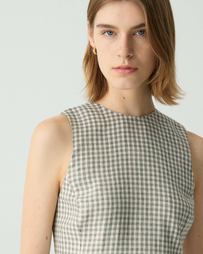 Theory Women Dresses A-Line Mini Dress In Checked Linen-Blend Cream Multi - 4